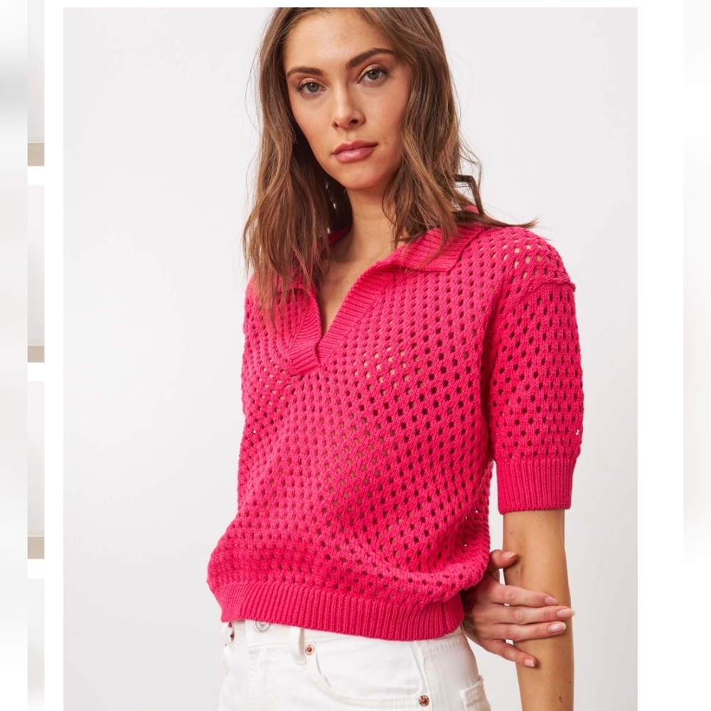 Line The Label Cotton Knit Short Sleeve Collar Top. Extra Small Hot Pink